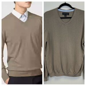 Kenneth Roberts M Classic V-Neck Sweater Taupe Silk Cotton Old Money Traditional